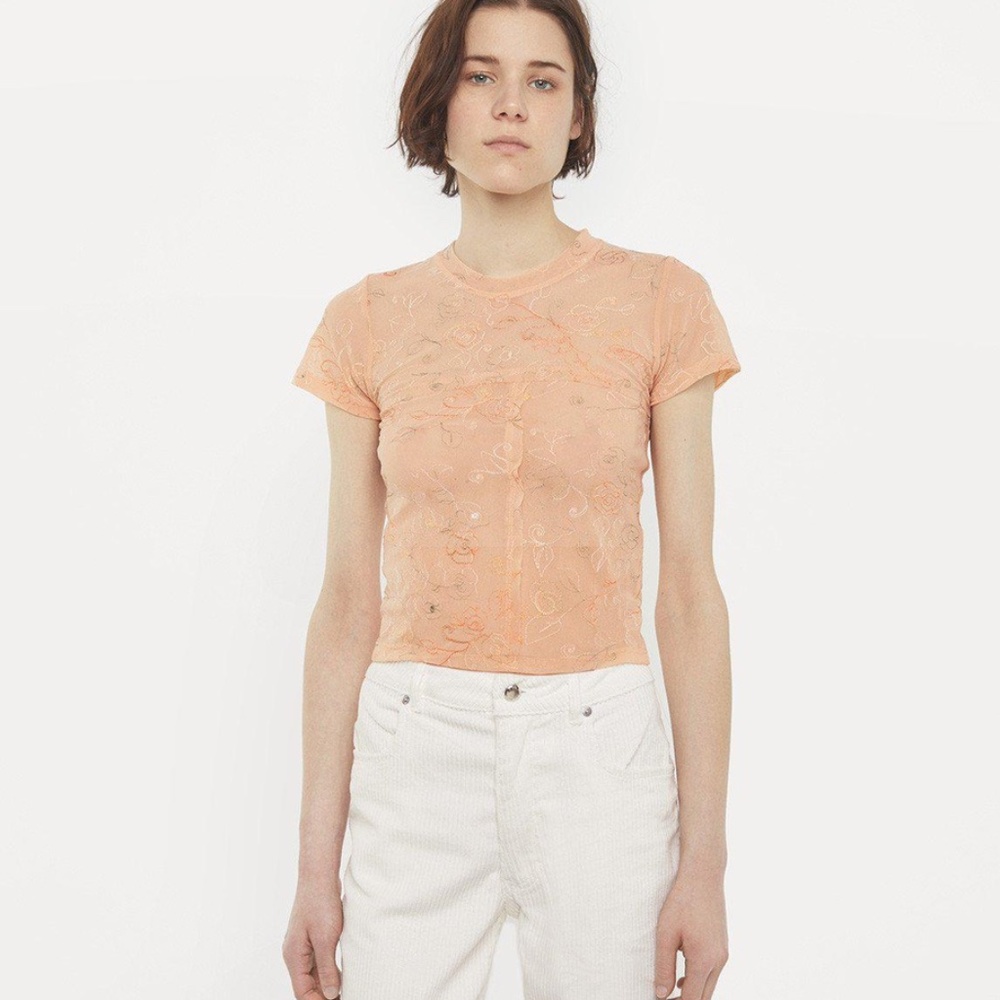 Eckhaus Latta Sheer Floral Embroidered Baby Tee